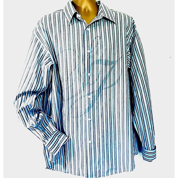 Sean John Shirt RARE SJ Spell-Out Blue Stripe French Cuff XXL Mens Y2K Hip Hop - Picture 1 of 11